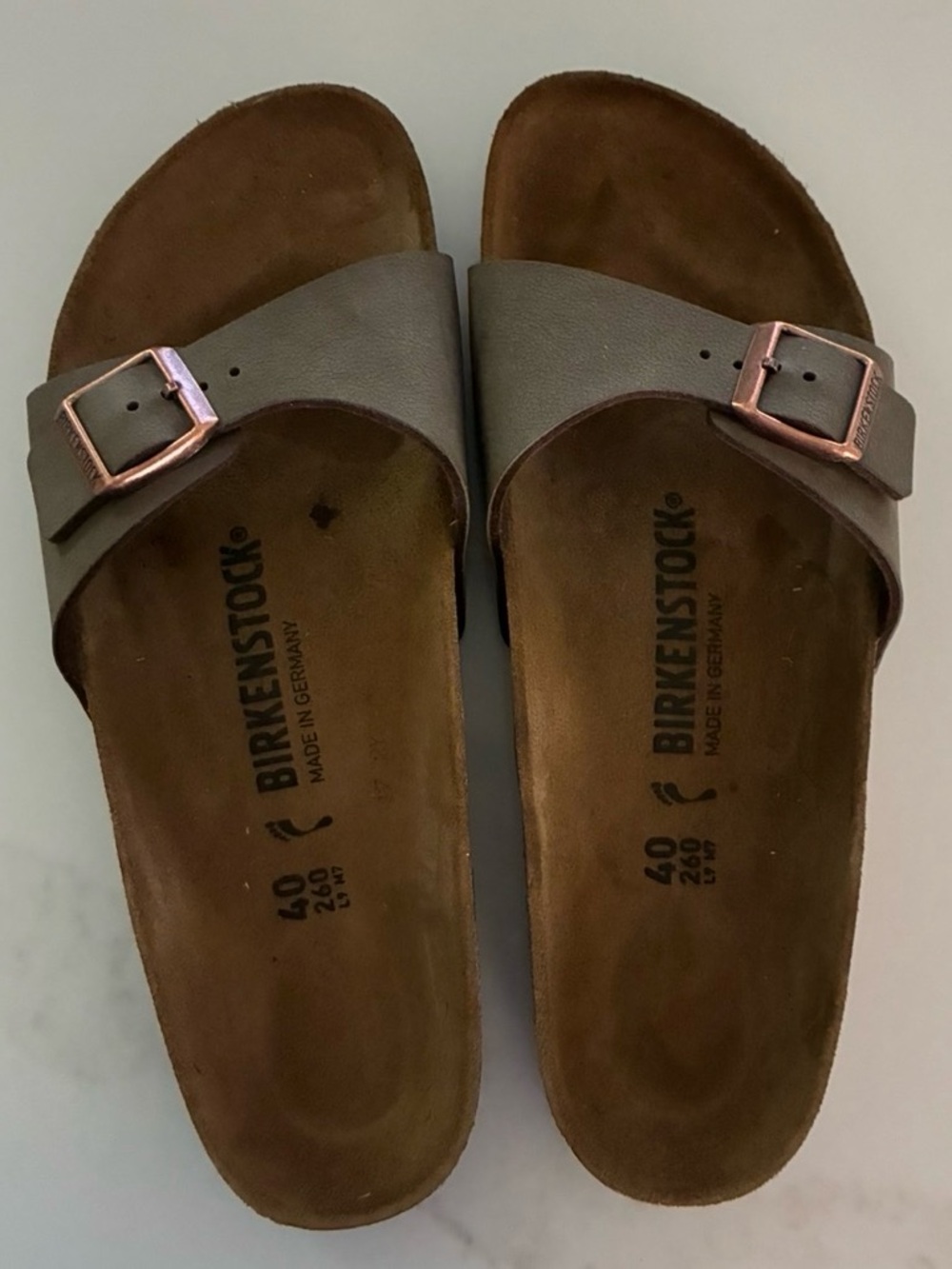 Birkenstock Single Strap Sandals in Taupe with Rose Gold Buckles
